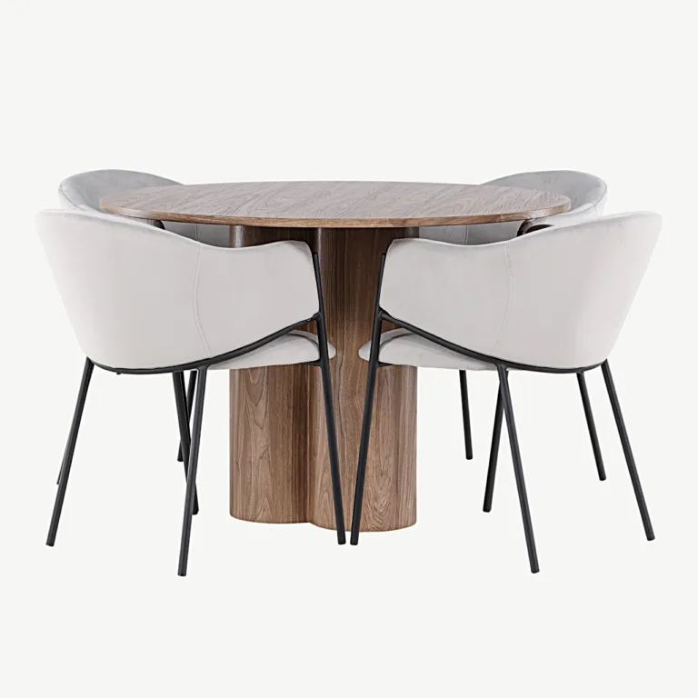 Ümmargune söögilaud Olivia (MDF, moka toon, ø110 cm) ja polsterdatud toolid Evelina (helehall samet, terasraam) - GR24469