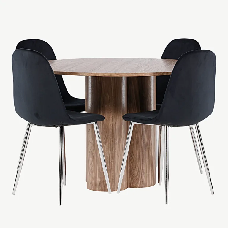 Ümmargune söögilaud Olivia pruunist MDF-ist (ø110 cm) ja mustad velvetist Polar toolid - GR24470