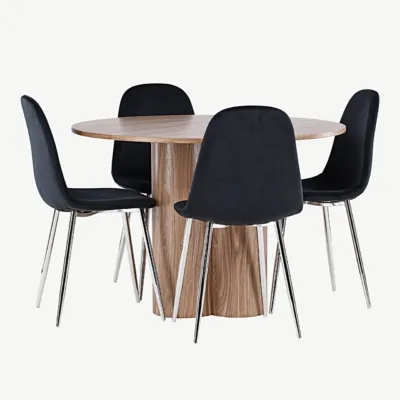 Ümmargune söögilaud Olivia pruunist MDF-ist (ø110 cm) ja mustad velvetist Polar toolid - GR24470