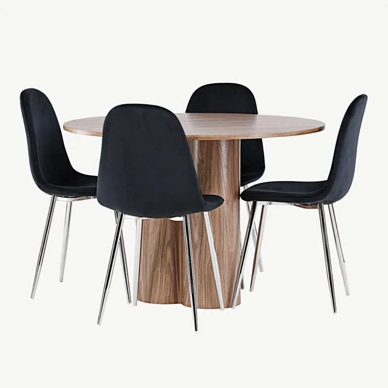 Ümmargune söögilaud Olivia pruunist MDF-ist (ø110 cm) ja mustad velvetist Polar toolid - GR24470