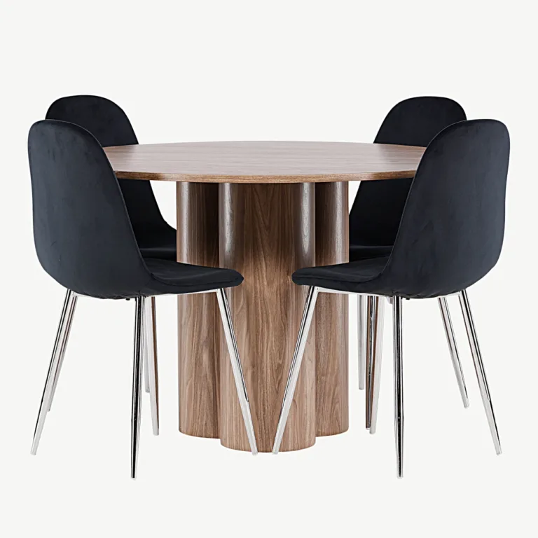 Ümmargune söögilaud Olivia pruunist MDF-ist (ø110 cm) ja mustad velvetist Polar toolid - GR24470
