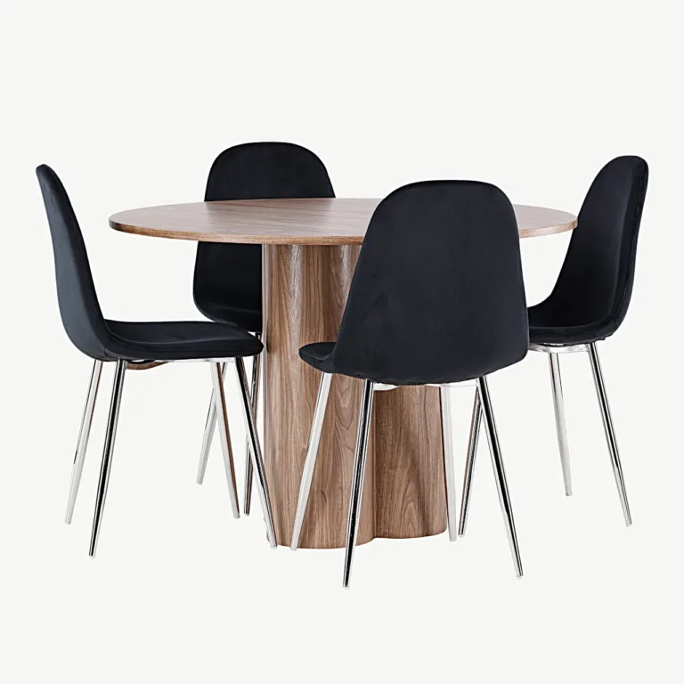 Ümmargune söögilaud Olivia pruunist MDF-ist (ø110 cm) ja mustad velvetist Polar toolid - GR24470