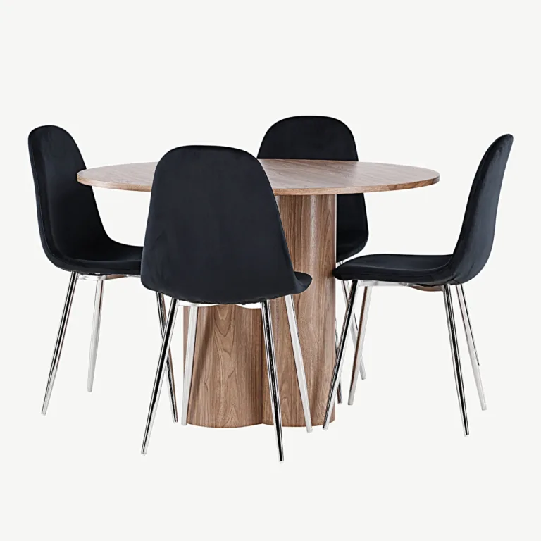 Ümmargune söögilaud Olivia pruunist MDF-ist (ø110 cm) ja mustad velvetist Polar toolid - GR24470