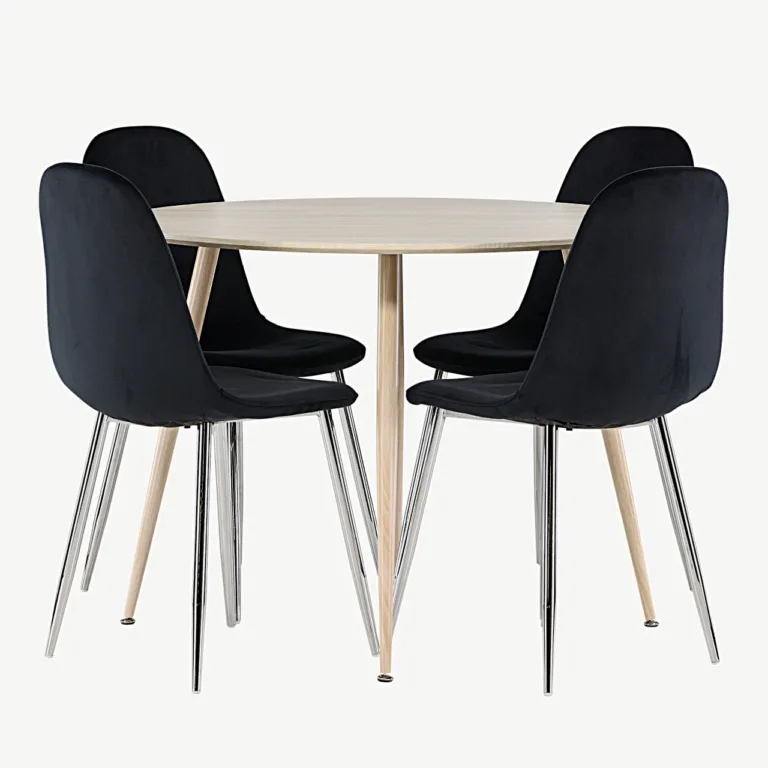 Ümmargune söögilaud Plaza valgeks peitsitud MDF-plaadist ja musta velvetkattega Polar toolidega - GR24482