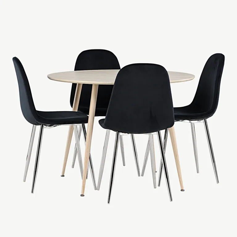 Ümmargune söögilaud Plaza valgeks peitsitud MDF-plaadist ja musta velvetkattega Polar toolidega - GR24482
