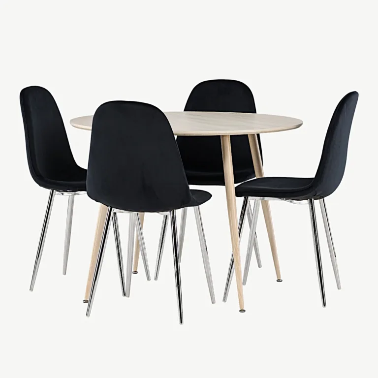 Ümmargune söögilaud Plaza valgeks peitsitud MDF-plaadist ja musta velvetkattega Polar toolidega - GR24482