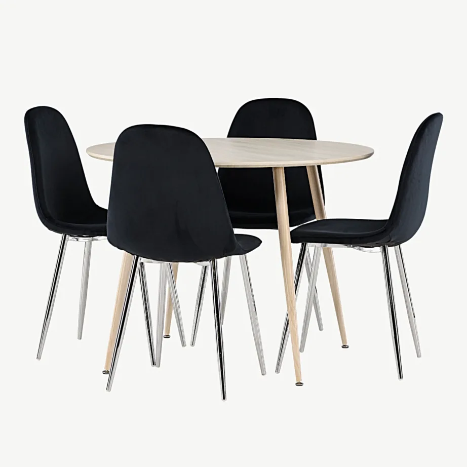 Ümmargune söögilaud Plaza valgeks peitsitud MDF-plaadist ja musta velvetkattega Polar toolidega, GR24482 – 3