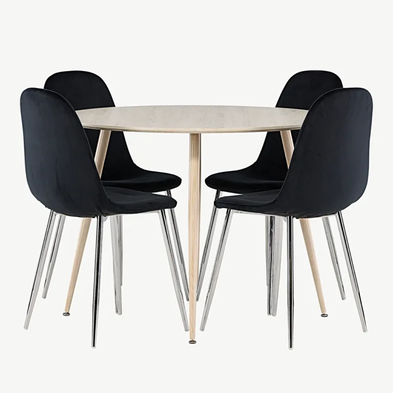 Ümmargune söögilaud Plaza valgeks peitsitud MDF-plaadist ja musta velvetkattega Polar toolidega - GR24482