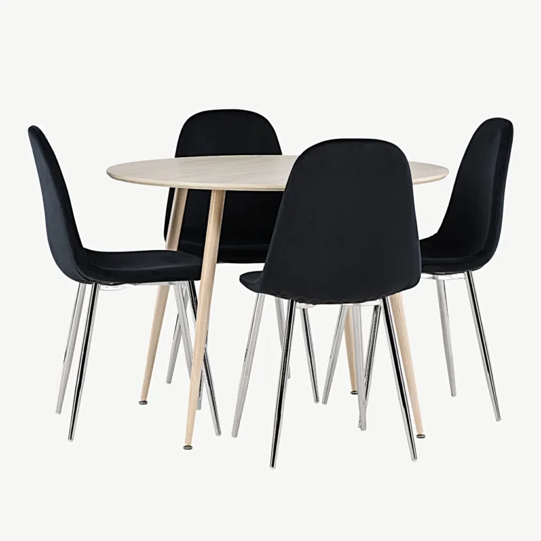 Ümmargune söögilaud Plaza valgeks peitsitud MDF-plaadist ja musta velvetkattega Polar toolidega - GR24482