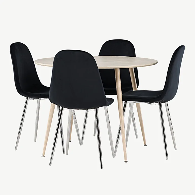 Ümmargune söögilaud Plaza valgeks peitsitud MDF-plaadist ja musta velvetkattega Polar toolidega - GR24482