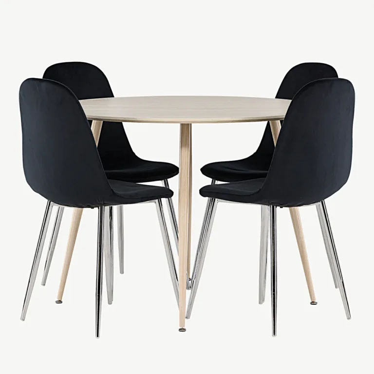Ümmargune söögilaud Plaza valgeks peitsitud MDF-plaadist ja musta velvetkattega Polar toolidega - GR24482