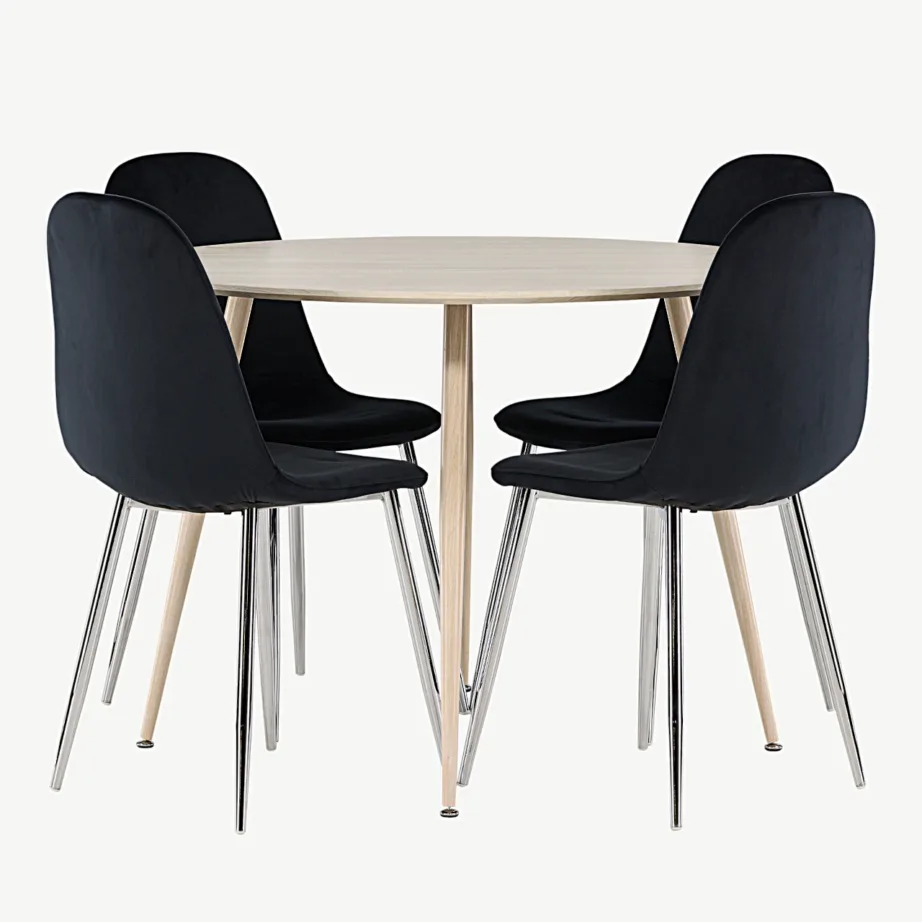 Ümmargune söögilaud Plaza valgeks peitsitud MDF-plaadist ja musta velvetkattega Polar toolidega, GR24482 – 7