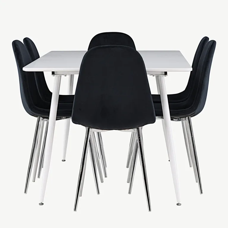 Söögilauakomplekt Silar laua ja Polar samettoolidega, valge MDF laud, mustad toolid, 180x90 cm - GR24501
