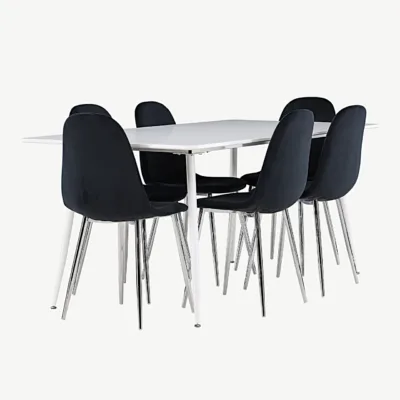 Söögilauakomplekt Silar laua ja Polar samettoolidega, valge MDF laud, mustad toolid, 180x90 cm - GR24501