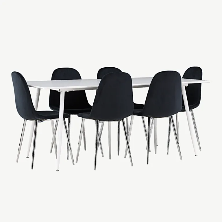 Söögilauakomplekt Silar laua ja Polar samettoolidega, valge MDF laud, mustad toolid, 180x90 cm - GR24501
