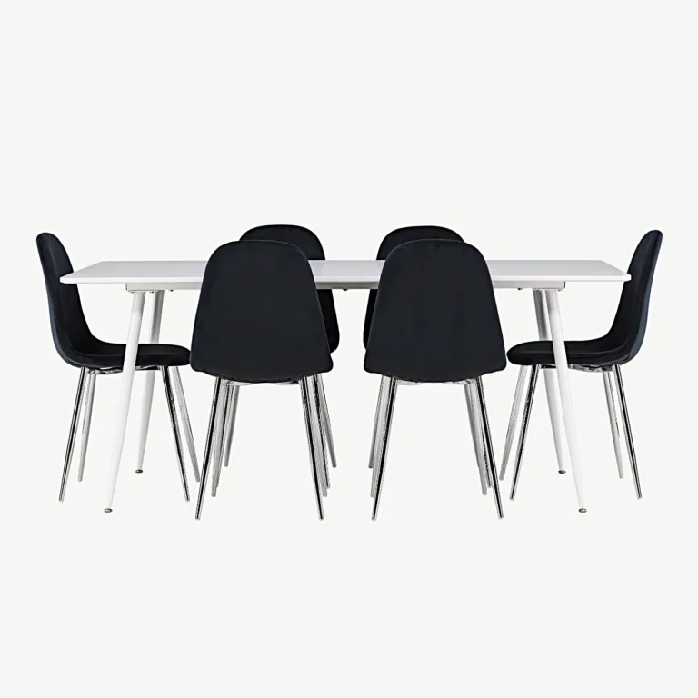 Söögilauakomplekt Silar laua ja Polar samettoolidega, valge MDF laud, mustad toolid, 180x90 cm - GR24501