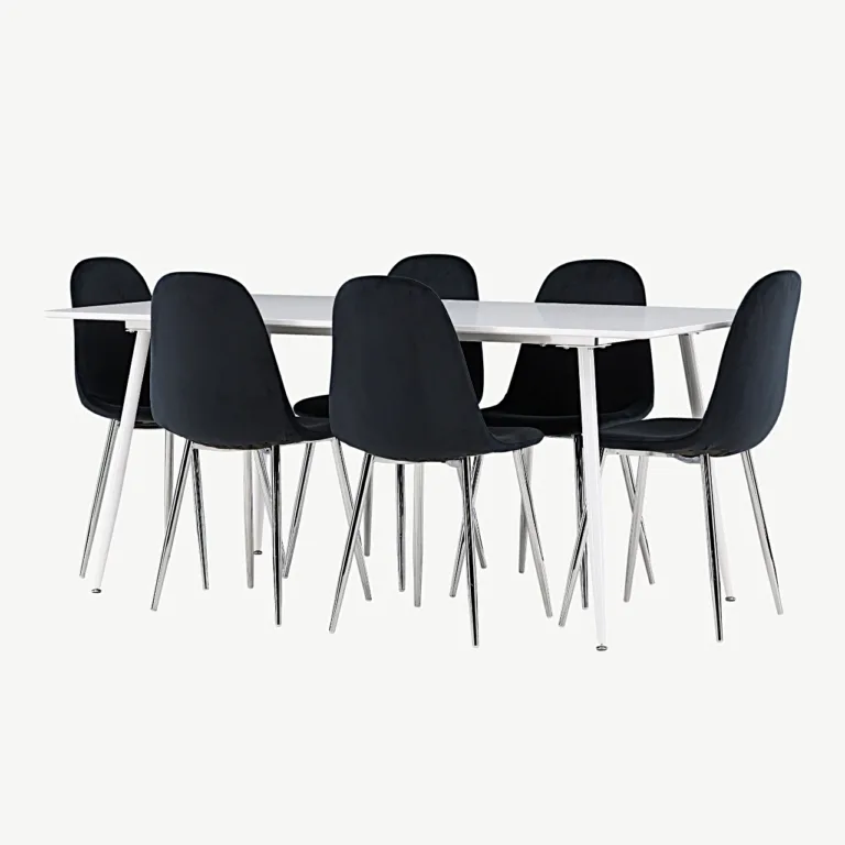 Söögilauakomplekt Silar laua ja Polar samettoolidega, valge MDF laud, mustad toolid, 180x90 cm - GR24501