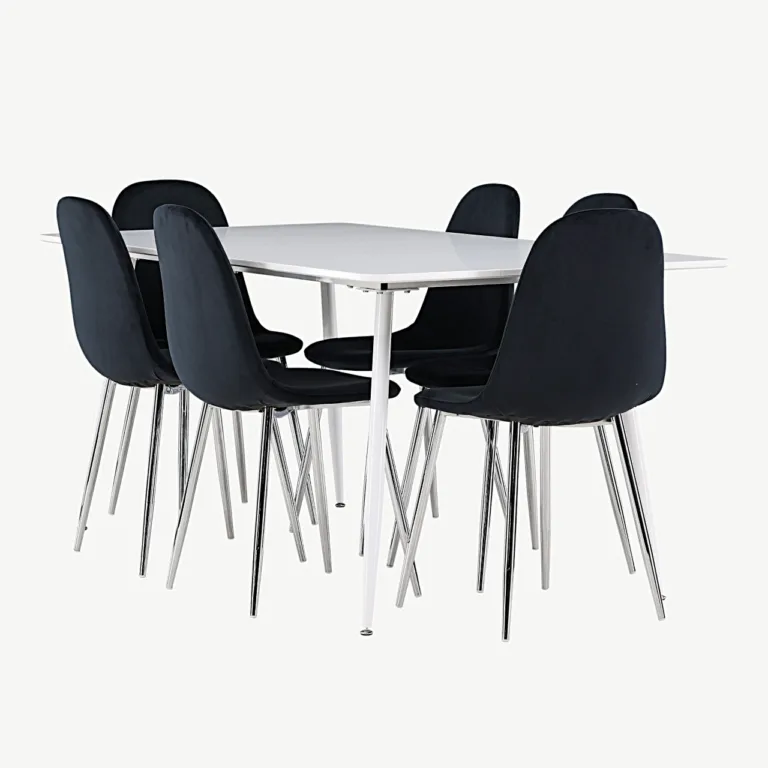 Söögilauakomplekt Silar laua ja Polar samettoolidega, valge MDF laud, mustad toolid, 180x90 cm - GR24501