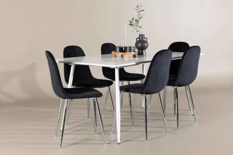 Söögilauakomplekt Silar laua ja Polar samettoolidega, valge MDF laud, mustad toolid, 180x90 cm - GR24501