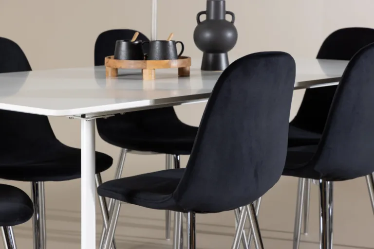 Söögilauakomplekt Silar laua ja Polar samettoolidega, valge MDF laud, mustad toolid, 180x90 cm - GR24501