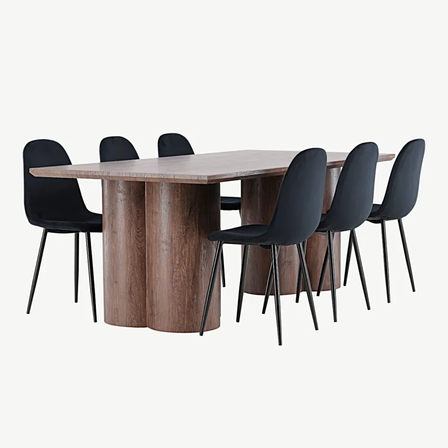 Mokkatooniga MDF-söögilaud Olivia ja mustad polüesterveluurist söögitoolid Polar, GR24533 – 2