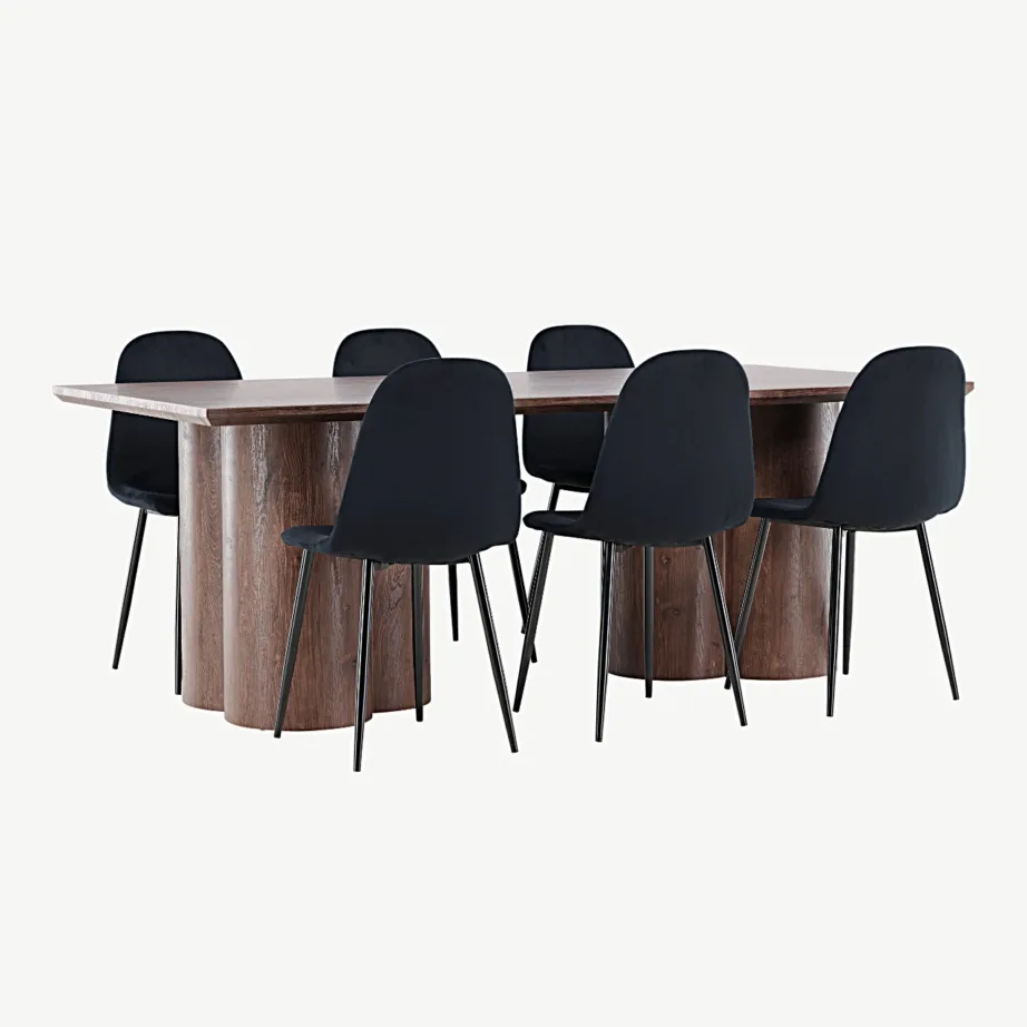 Mokkatooniga MDF-söögilaud Olivia ja mustad polüesterveluurist söögitoolid Polar, GR24533 – 3