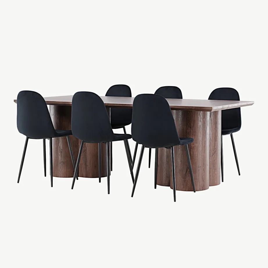 Mokkatooniga MDF-söögilaud Olivia ja mustad polüesterveluurist söögitoolid Polar, GR24533 – 5