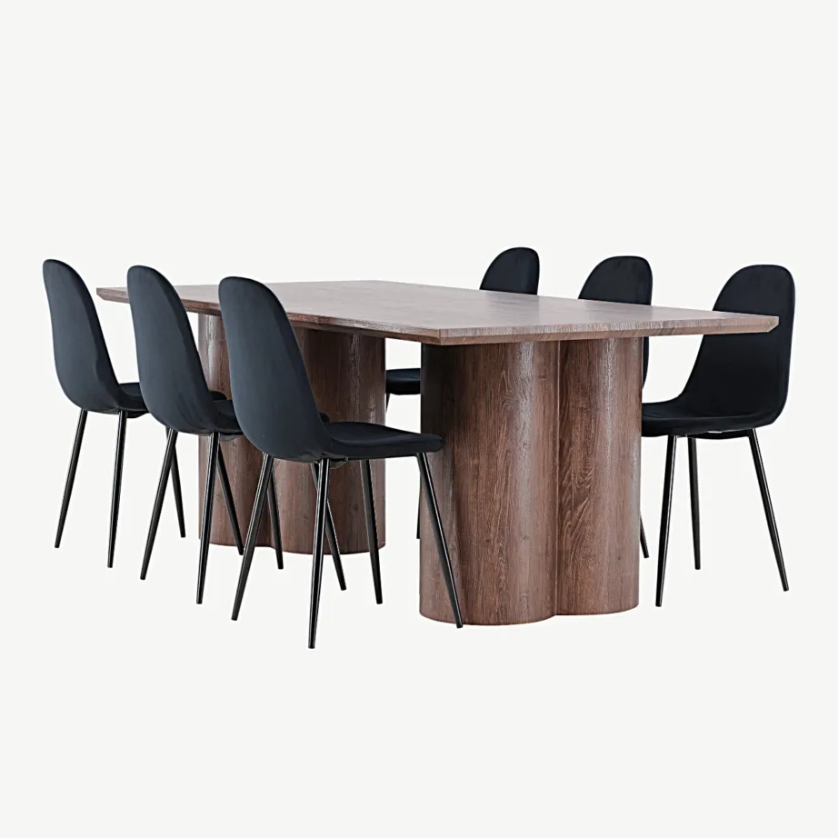 Mokkatooniga MDF-söögilaud Olivia ja mustad polüesterveluurist söögitoolid Polar, GR24533 – 6