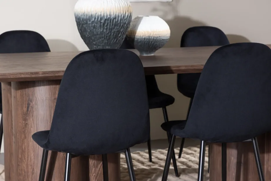 Mokkatooniga MDF-söögilaud Olivia ja mustad polüesterveluurist söögitoolid Polar, GR24533 – 9