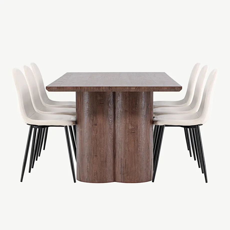 Söögilaud Olivia mokkavärvi pealispinnaga ja Polar sametist söögitoolid (beež, 210×100 cm), GR24534 – 2