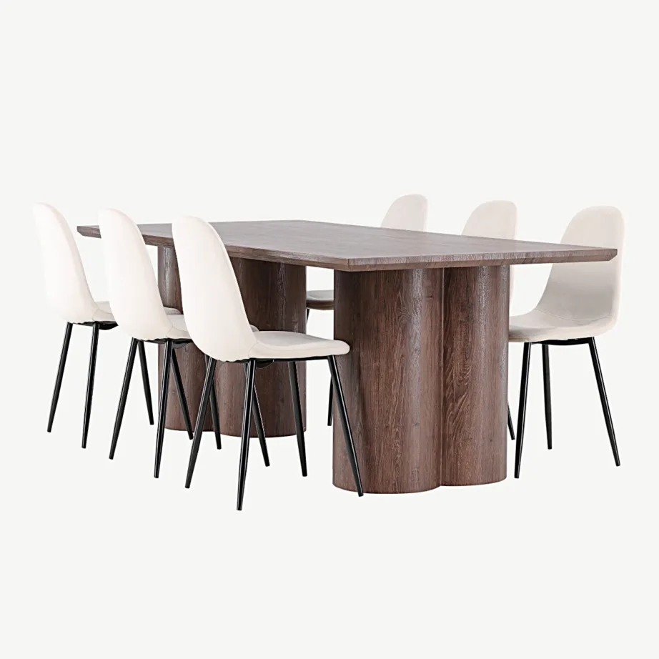 Söögilaud Olivia mokkavärvi pealispinnaga ja Polar sametist söögitoolid (beež, 210×100 cm), GR24534 – 6