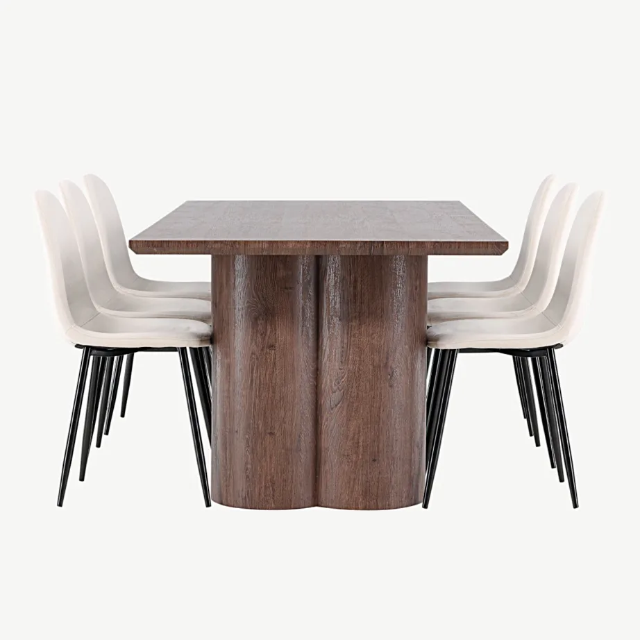 Söögilaud Olivia mokkavärvi pealispinnaga ja Polar sametist söögitoolid (beež, 210×100 cm), GR24534 – 7