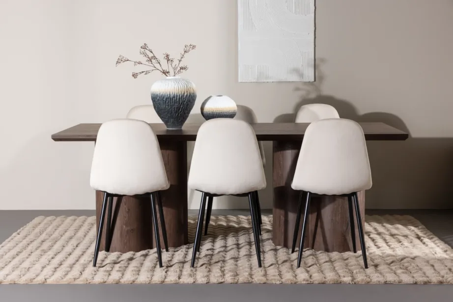 Söögilaud Olivia mokkavärvi pealispinnaga ja Polar sametist söögitoolid (beež, 210×100 cm), GR24534 – 8