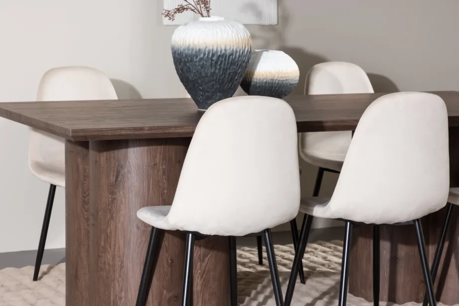 Söögilaud Olivia mokkavärvi pealispinnaga ja Polar sametist söögitoolid (beež, 210×100 cm), GR24534 – 9