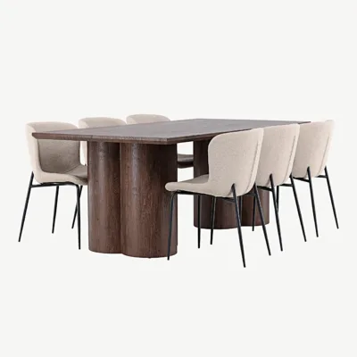 Söögilauakomplekt Olivia mokka ja beežide buklee toolidega Modesto (MDF, mokka, mustad metalljalad) - GR24535