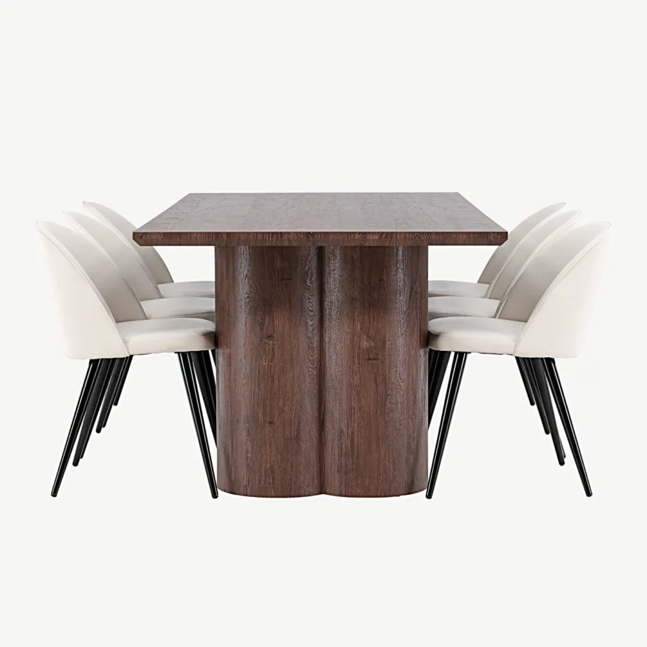 Olivia mokkatoonis söögilaud ja beežide velvetkattega toolid, must raam, GR24539 – 2