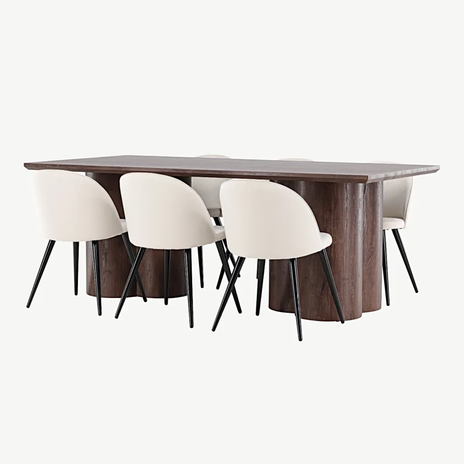 Olivia mokkatoonis söögilaud ja beežide velvetkattega toolid, must raam, GR24539 – 5