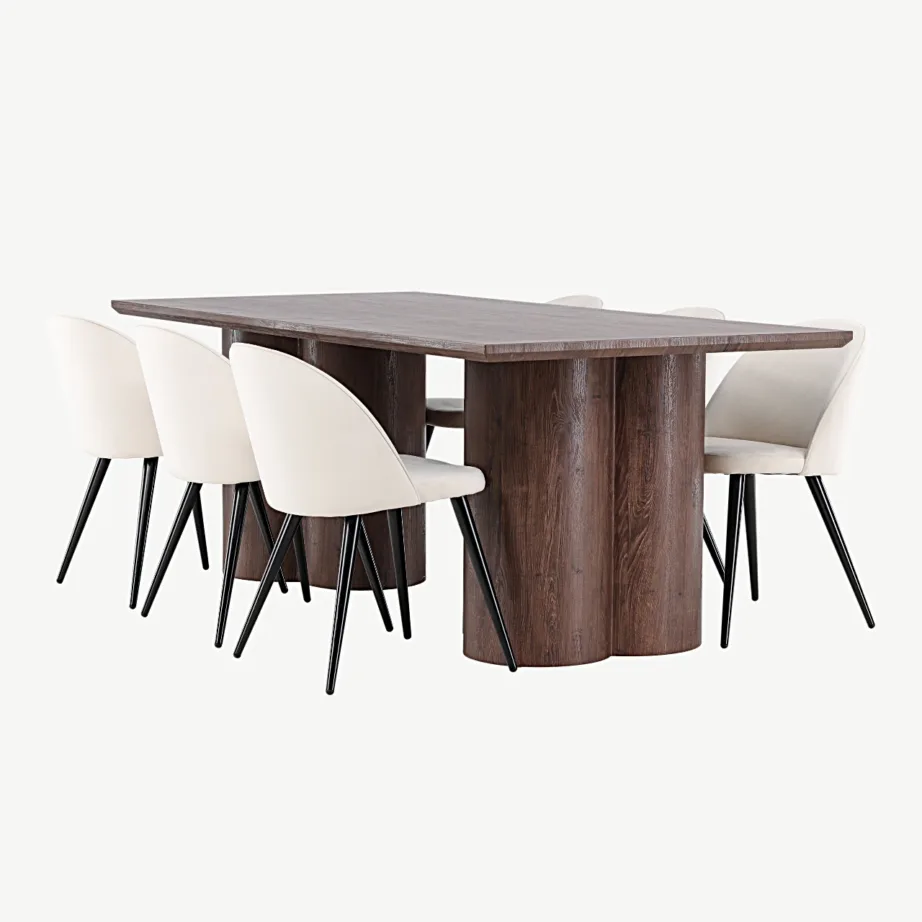 Olivia mokkatoonis söögilaud ja beežide velvetkattega toolid, must raam, GR24539 – 6