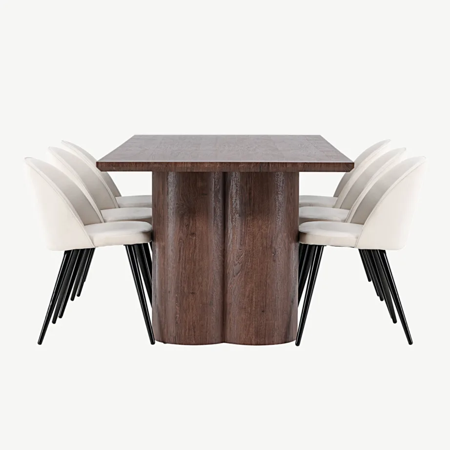 Olivia mokkatoonis söögilaud ja beežide velvetkattega toolid, must raam, GR24539 – 7