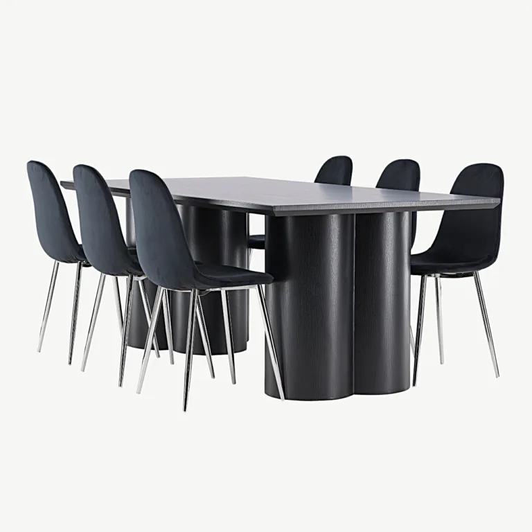 Must MDF-ist Olivia söögilaud ja mustad sametist Polar toolid kroomitud jalgadel - GR24599