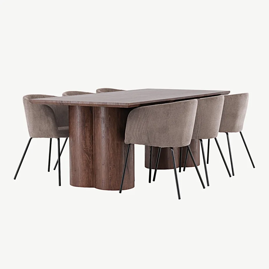 Mokka toonis MDF söögilaud Olivia ja pruunid polüesterkordrüü toolid Berit, mustad metalljalad (210 × 100 cm), GR24618