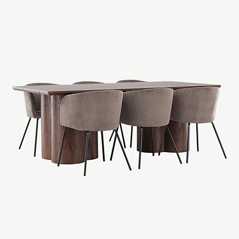 Mokka toonis MDF söögilaud Olivia ja pruunid polüesterkordrüü toolid Berit, mustad metalljalad (210 × 100 cm) - GR24618