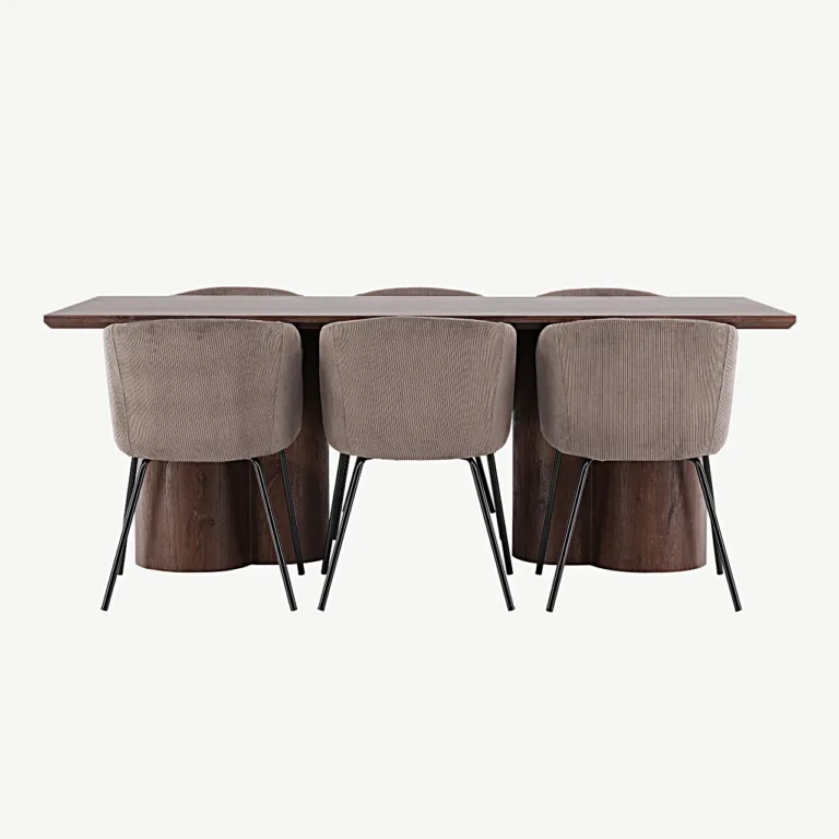 Mokka toonis MDF söögilaud Olivia ja pruunid polüesterkordrüü toolid Berit, mustad metalljalad (210 × 100 cm) - GR24618