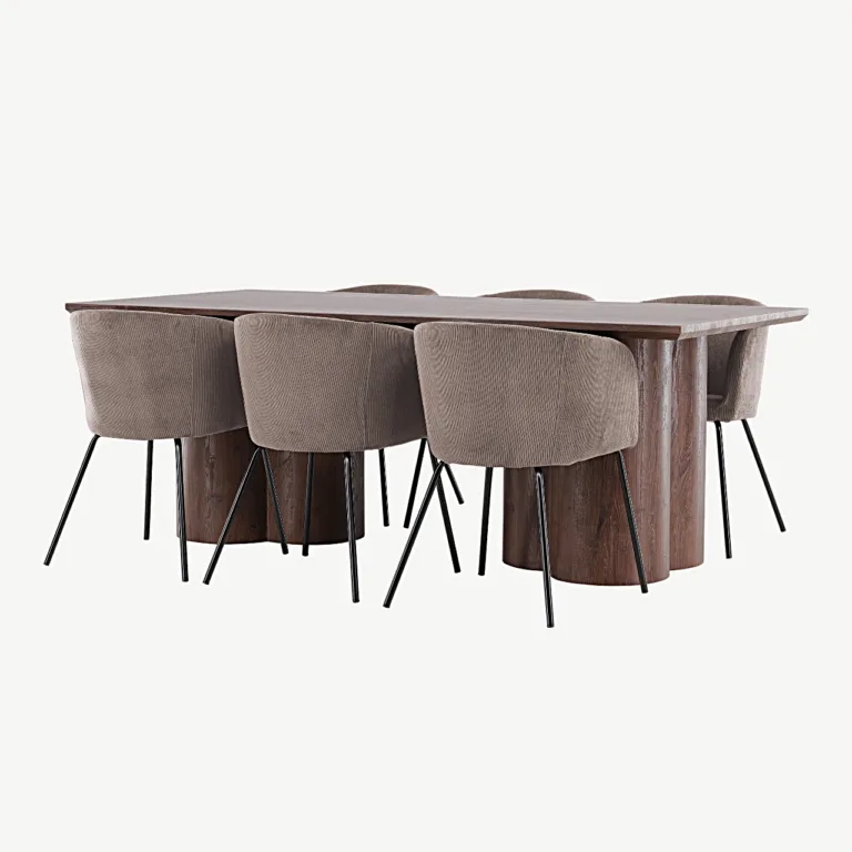 Mokka toonis MDF söögilaud Olivia ja pruunid polüesterkordrüü toolid Berit, mustad metalljalad (210 × 100 cm) - GR24618