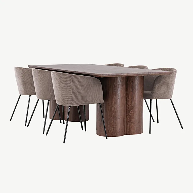 Mokka toonis MDF söögilaud Olivia ja pruunid polüesterkordrüü toolid Berit, mustad metalljalad (210 × 100 cm) - GR24618