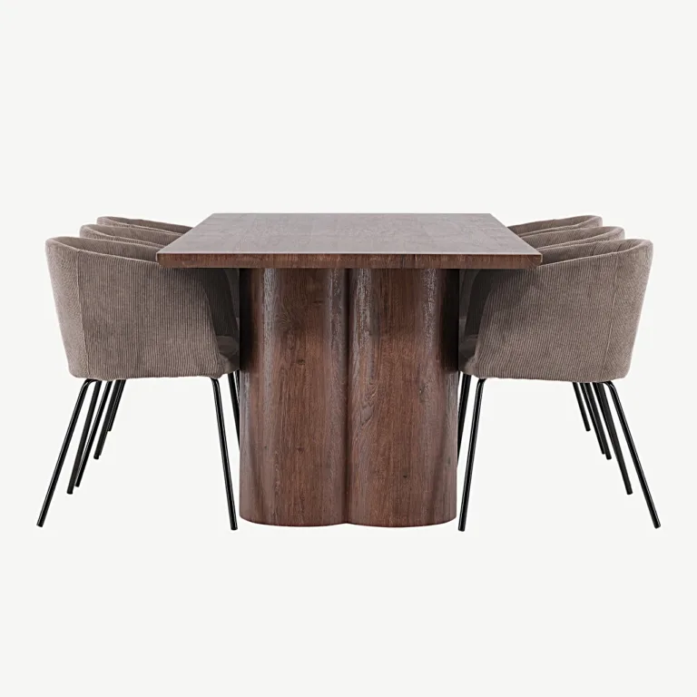 Mokka toonis MDF söögilaud Olivia ja pruunid polüesterkordrüü toolid Berit, mustad metalljalad (210 × 100 cm) - GR24618