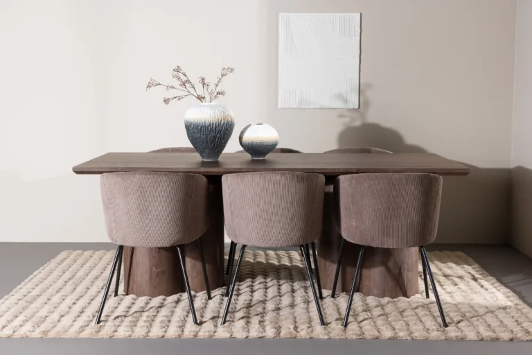 Mokka toonis MDF söögilaud Olivia ja pruunid polüesterkordrüü toolid Berit, mustad metalljalad (210 × 100 cm) - GR24618