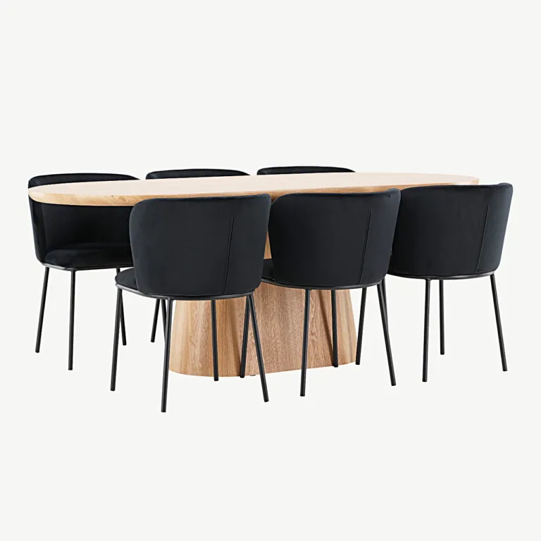 Ovaalne söögilauakomplekt Stjärnö (looduslik MDF) ja mustad sametist söögitoolid Edina - GR24713