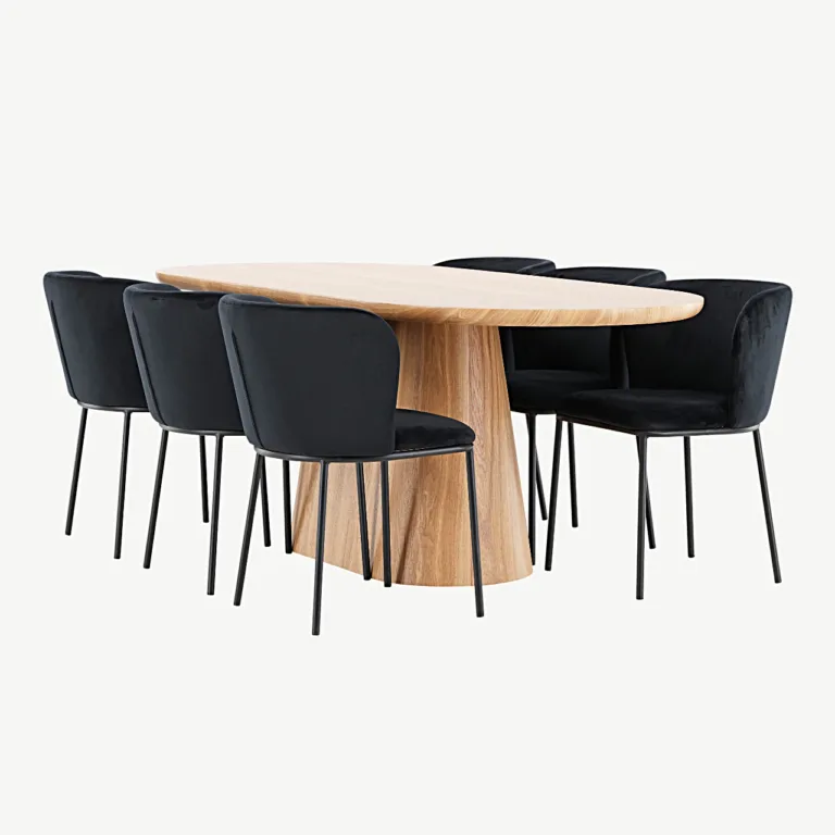 Ovaalne söögilauakomplekt Stjärnö (looduslik MDF) ja mustad sametist söögitoolid Edina - GR24713