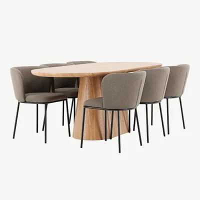 Ovaalne söögilauakomplekt Stjärnö (MDF, 200 × 90 cm) ja pruunid polsterdatud söögitoolid Edina (6 tk) - GR24714